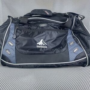 Invesco Travel Bag Black Gray Crossbody Zipped Pockets Drink Holder